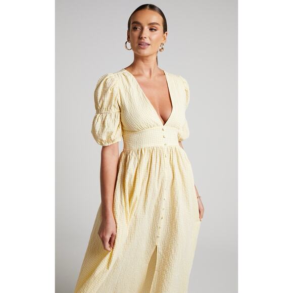 Showpo Augusta Yellow Gingham Puff Sleeve Midi Dress US 12 V-Neck Button Front - Picture 1 of 13